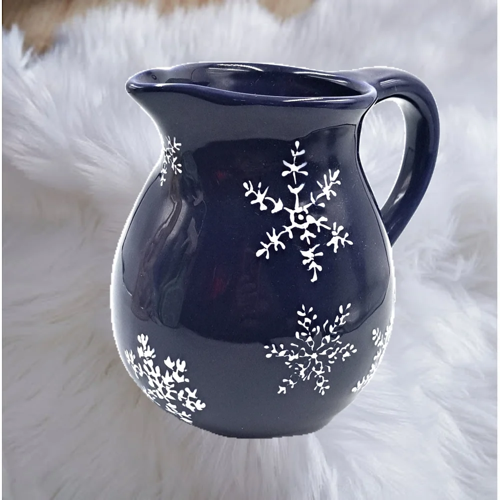 Navy Blue Ceramic Pitcher with White Snow Flakes